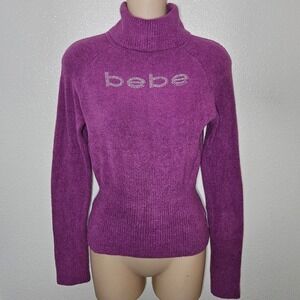 Y2k Bebe Rhinestone Turtleneck Sweater Purple Fuzzy Knit